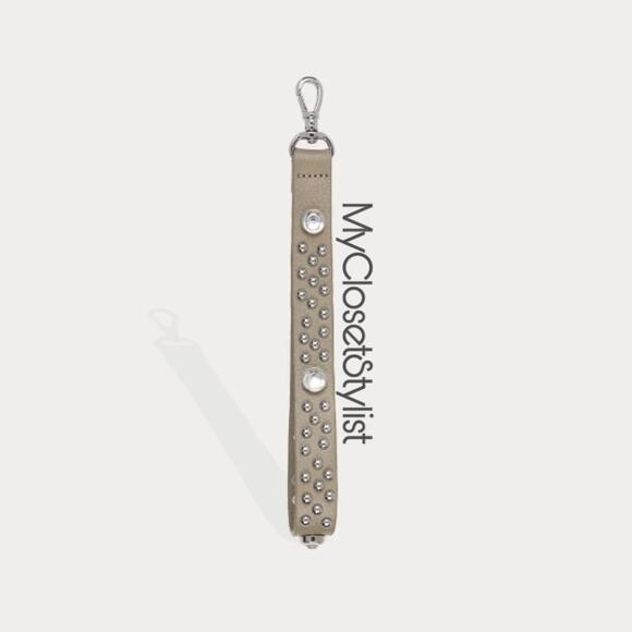 NWT BANDOLIER Crystal Studded Statement Wrist Strap NEW! silver greige leather - Picture 2 of 6